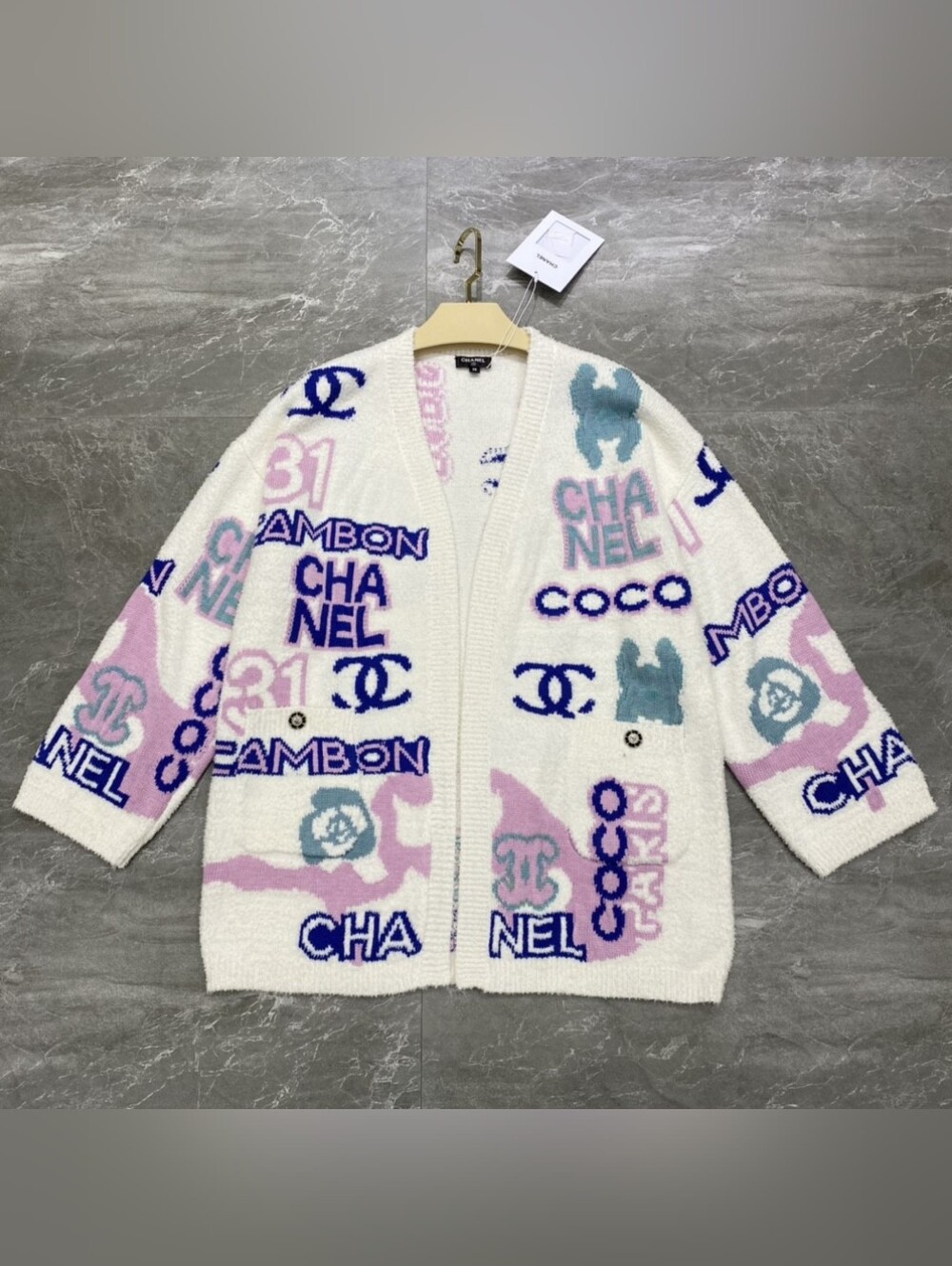 CHANEL with Pink & Blue Accents Knit Logo Graphic Cardigan Sweater - Picture 3 of 9